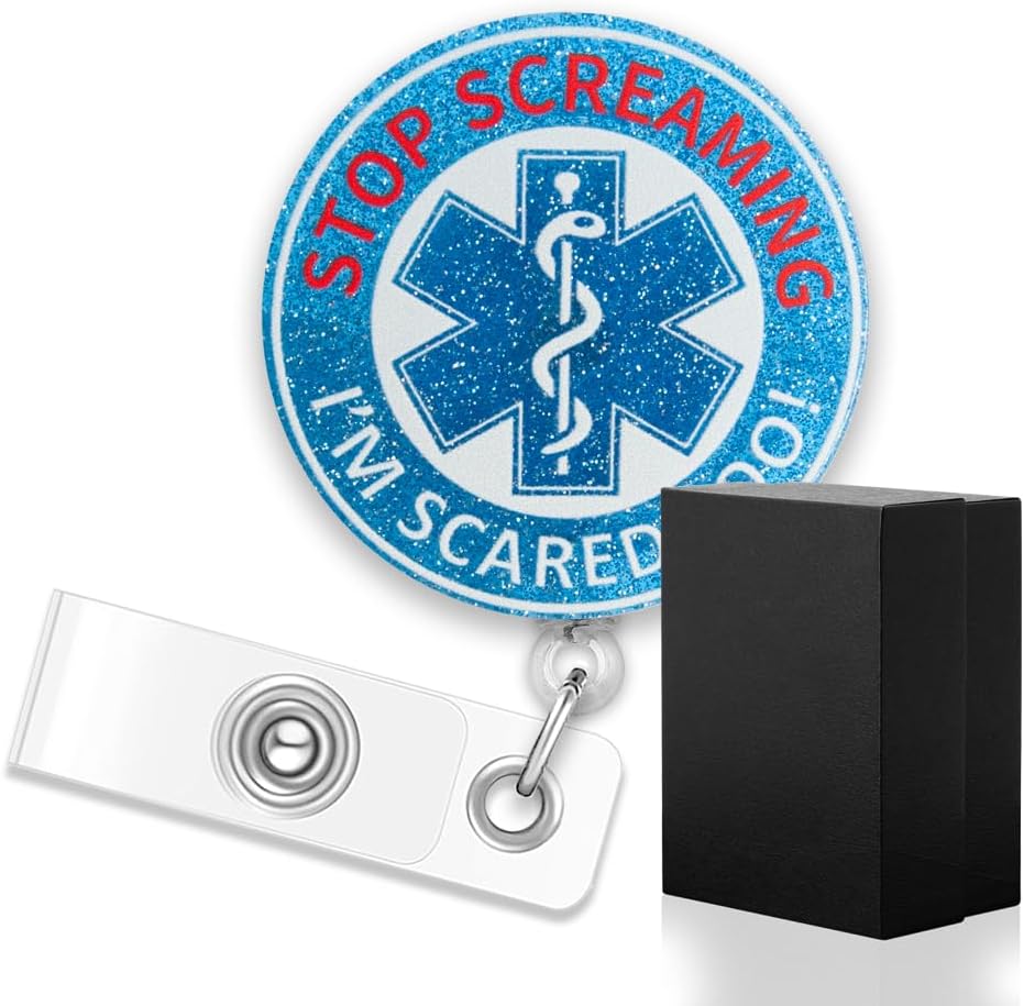 ERHACHAIJIA Stop Screaming I'm Scared Too Retractable Blue Glitter Badge Reel with Clip, Funny EMS ID Badge Holder Gift for Nurses Medical EMT Rn Paramedic First Responder Paramedic Medic Emergency